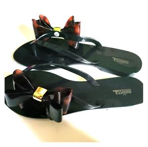 Melissa Black Jelly Sandals with Tortoiseshell Bow and Gold Accent